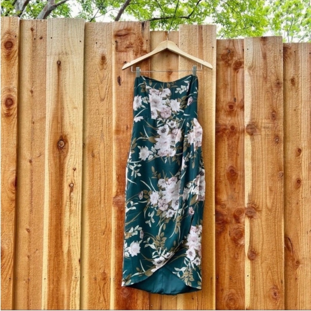 πΏ Green and Blush Floral Strapless Sweetheart Tulip Midi Dress πΏ - Picture 5 of 10